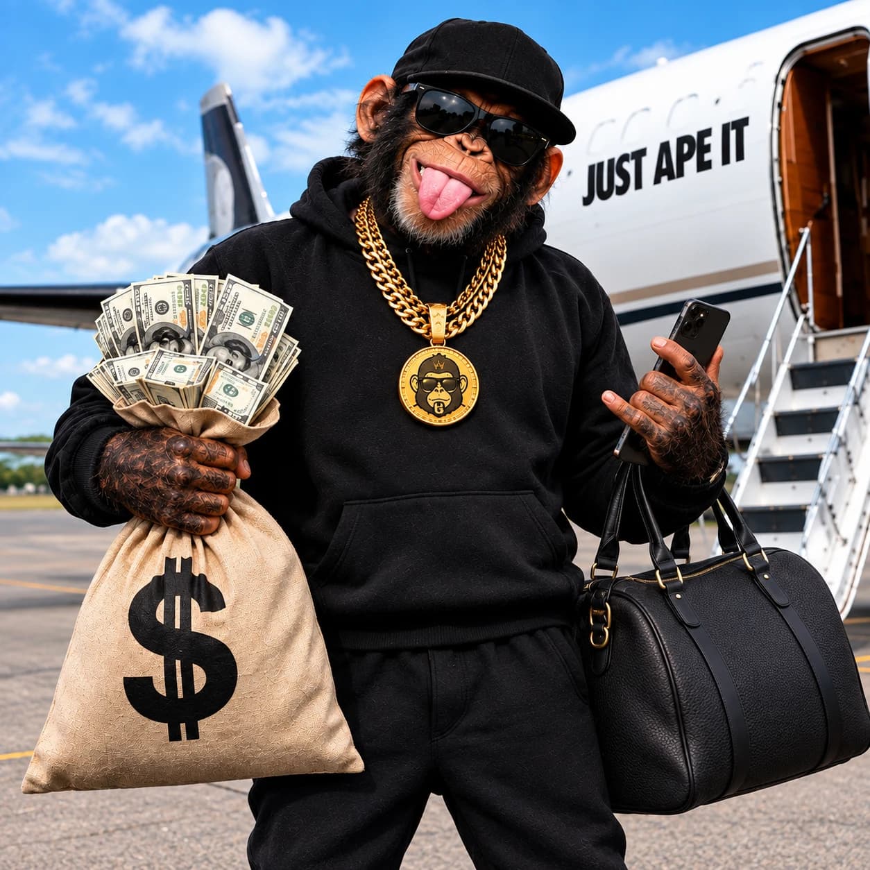 The JUST APE IT mascot standing in front of a private jet holding a bag of cash and a phone.