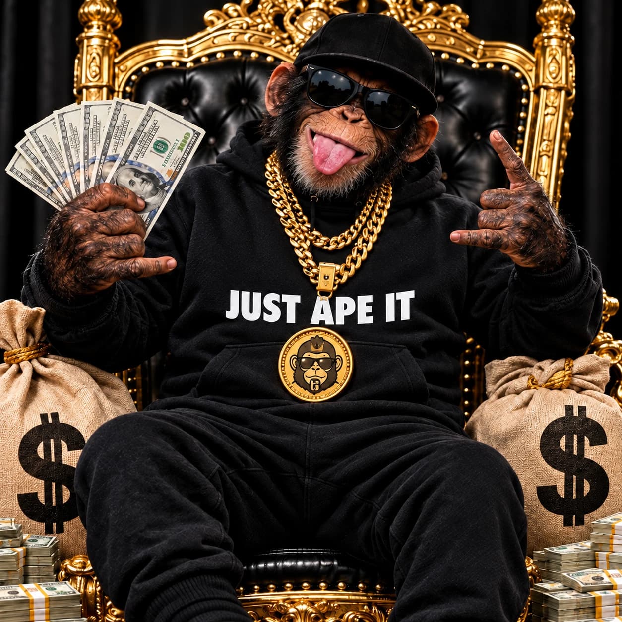 The JUST APE IT mascot sitting on a gold throne holding cash, flanked by money bags.